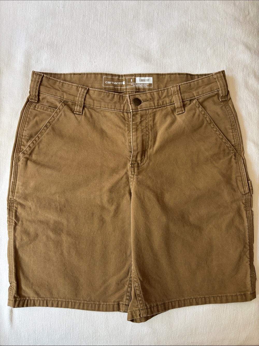 Women’s Carhartt Loose Fit Tan Utility Work Shorts with Patch and Tool Pockets. - Picture 2 of 4